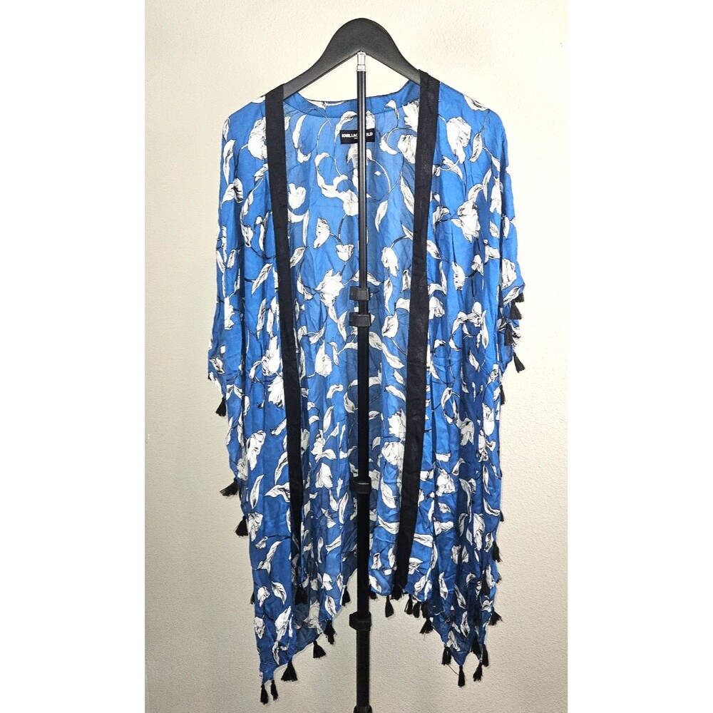 Karl Lagerfeld Paris Floral Kimono Cover Up Blue Tassel One Size Boho Duster